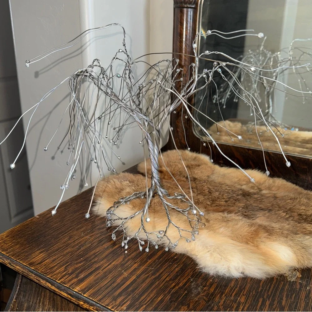Silver Wire Tree Sculpture Beaded Weeping Willow Bonsai Tree Sculpture Cottage